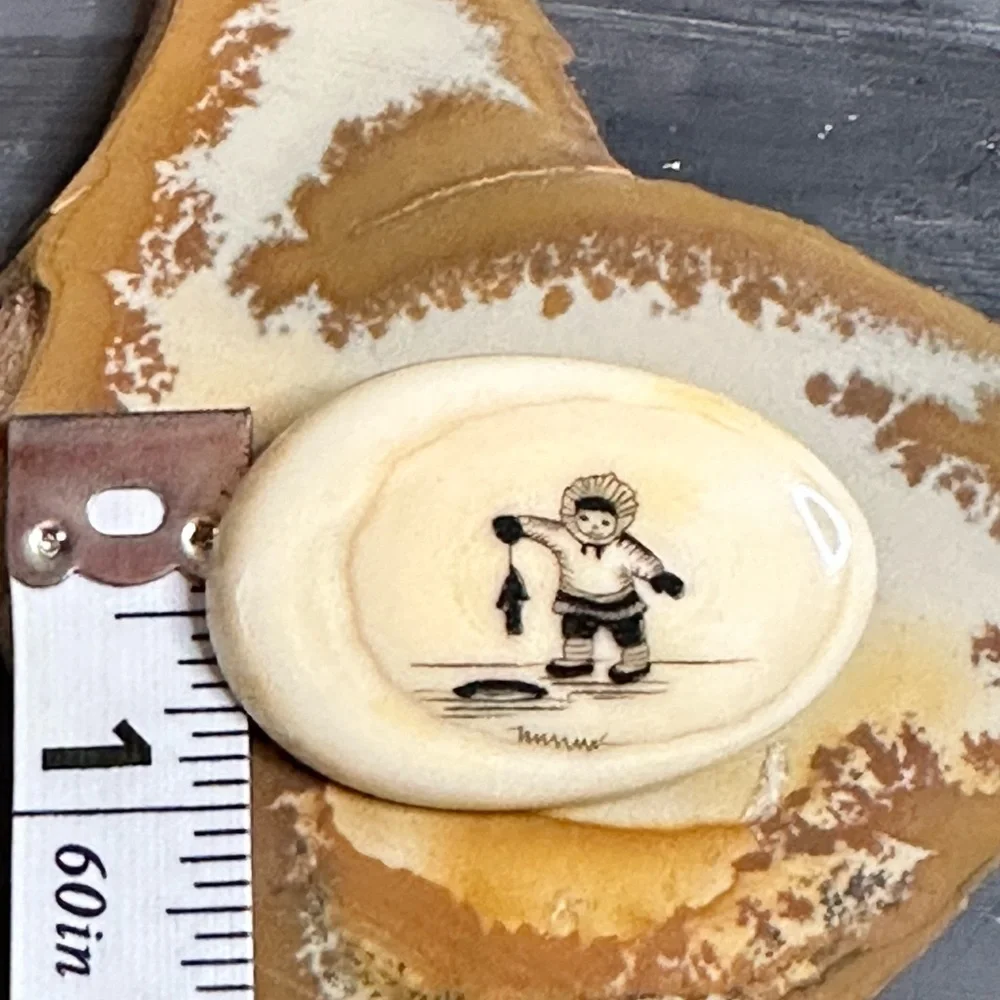 Peter Kuniliusee Clyde River vintage scrimshaw brooch little Eskimo ice fishing